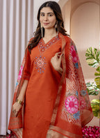 Prazu Fashion Orange Viscose Silk Thread Embroidered Designer Kurta Set - Distacart
