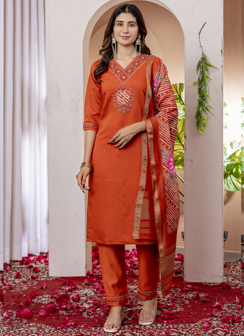 Prazu Fashion Orange Viscose Silk Thread Embroidered Designer Kurta Set - Distacart