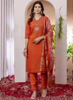 Prazu Fashion Orange Viscose Silk Thread Embroidered Designer Kurta Set - Distacart