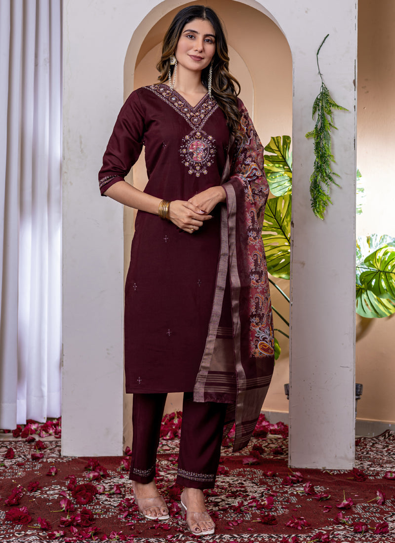 Prazu Fashion Wine Viscose Silk Thread Embroidered Designer Kurta Set - Distacart