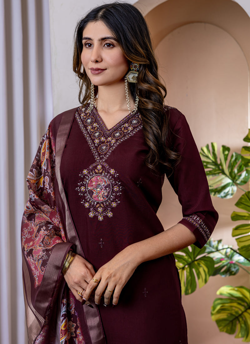 Prazu Fashion Wine Viscose Silk Thread Embroidered Designer Kurta Set - Distacart