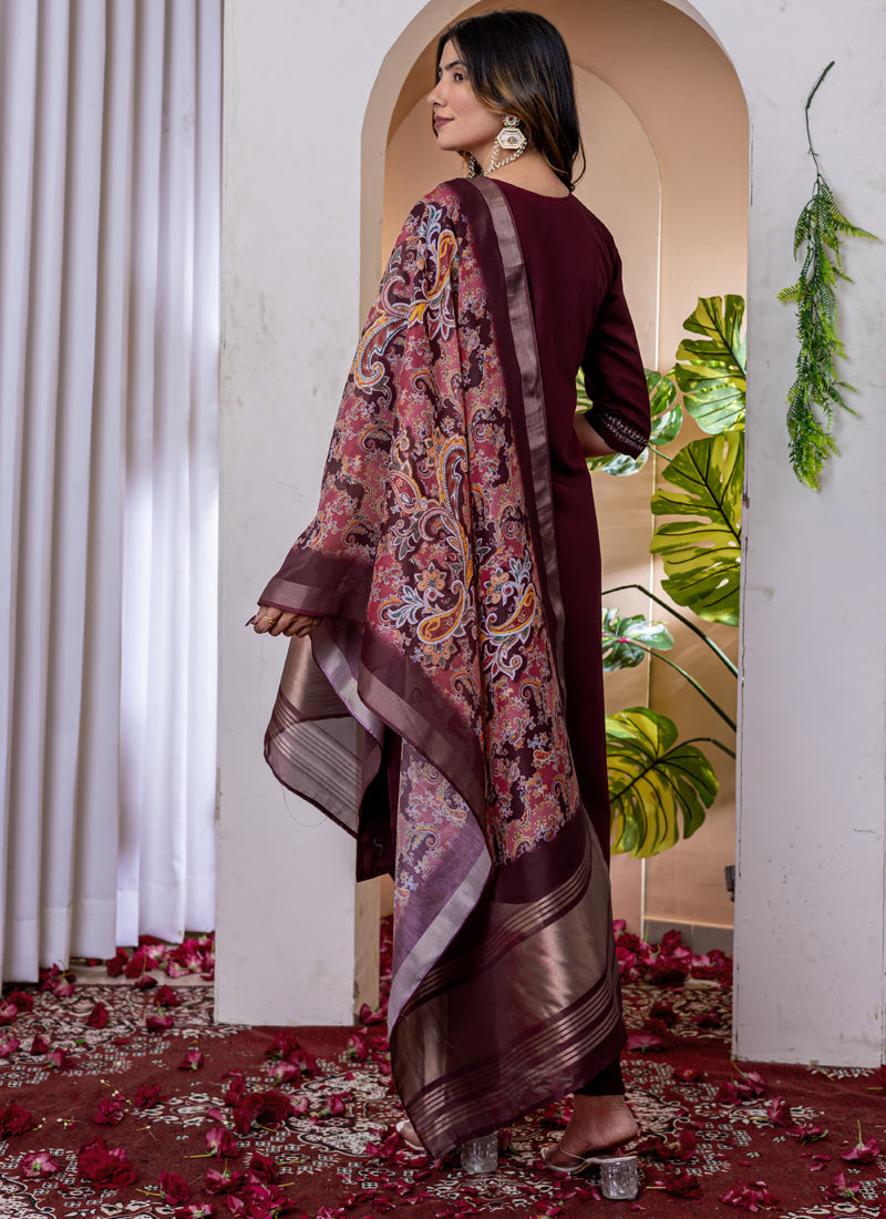 Prazu Fashion Wine Viscose Silk Thread Embroidered Designer Kurta Set - Distacart
