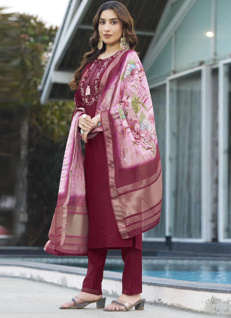 Prazu Fashion Maroon Viscose Silk Thread Embroidered Designer Kurta Set - Distacart