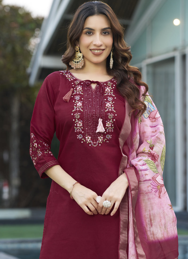 Prazu Fashion Maroon Viscose Silk Thread Embroidered Designer Kurta Set - Distacart