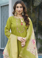 Prazu Fashion Parrot Green Viscose Silk Thread Embroidered Designer Kurta Set - Distacart
