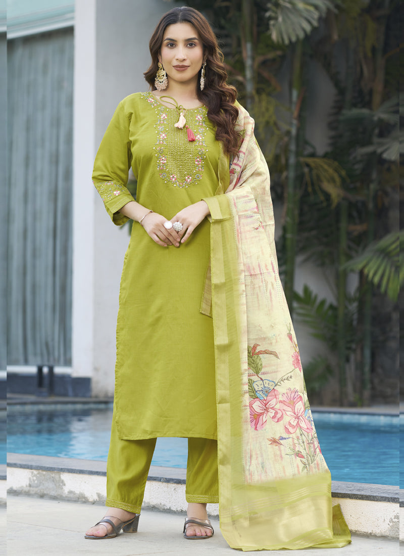 Prazu Fashion Parrot Green Viscose Silk Thread Embroidered Designer Kurta Set - Distacart