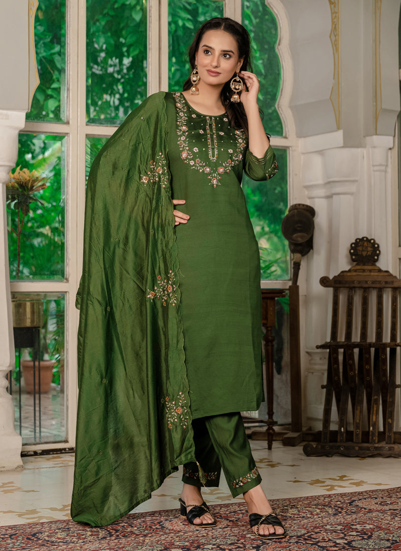 Prazu Fashion Mehendi Marina Silk Thread Embroidered Designer Kurta Set - Distacart