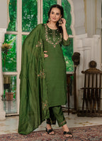 Prazu Fashion Mehendi Marina Silk Thread Embroidered Designer Kurta Set - Distacart