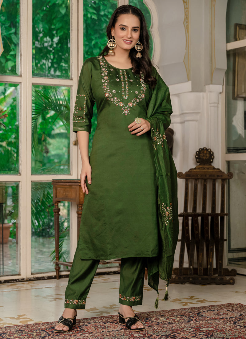 Prazu Fashion Mehendi Marina Silk Thread Embroidered Designer Kurta Set - Distacart