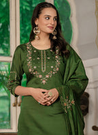 Prazu Fashion Mehendi Marina Silk Thread Embroidered Designer Kurta Set - Distacart