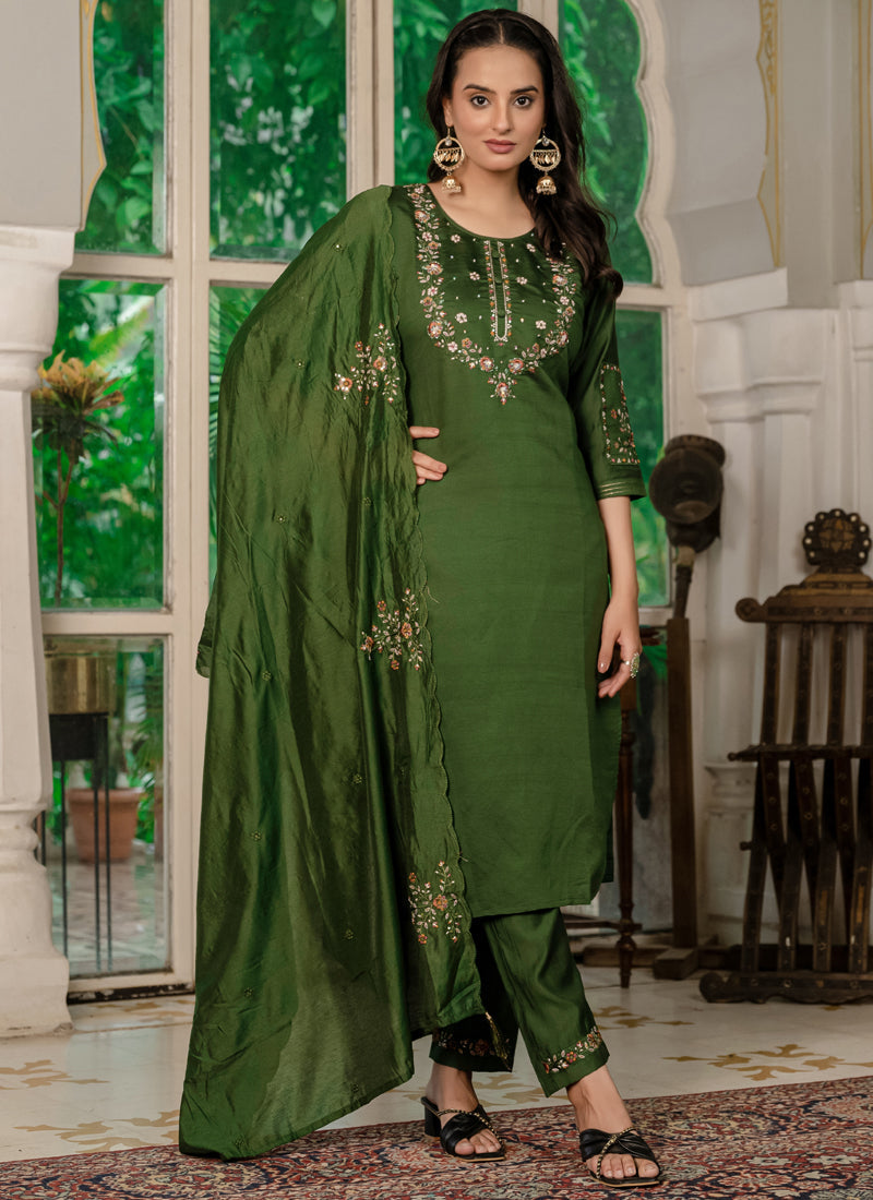 Prazu Fashion Mehendi Marina Silk Thread Embroidered Designer Kurta Set - Distacart