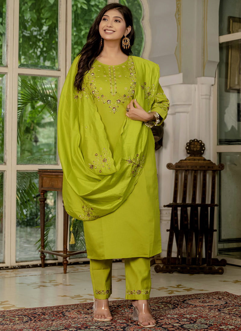 Prazu Fashion Parrot Green Marina Silk Thread Embroidered Designer Kurta Set - Distacart