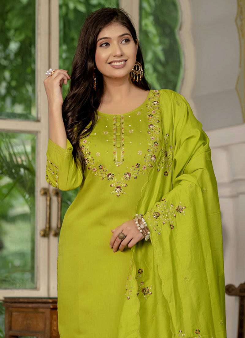 Prazu Fashion Parrot Green Marina Silk Thread Embroidered Designer Kurta Set - Distacart