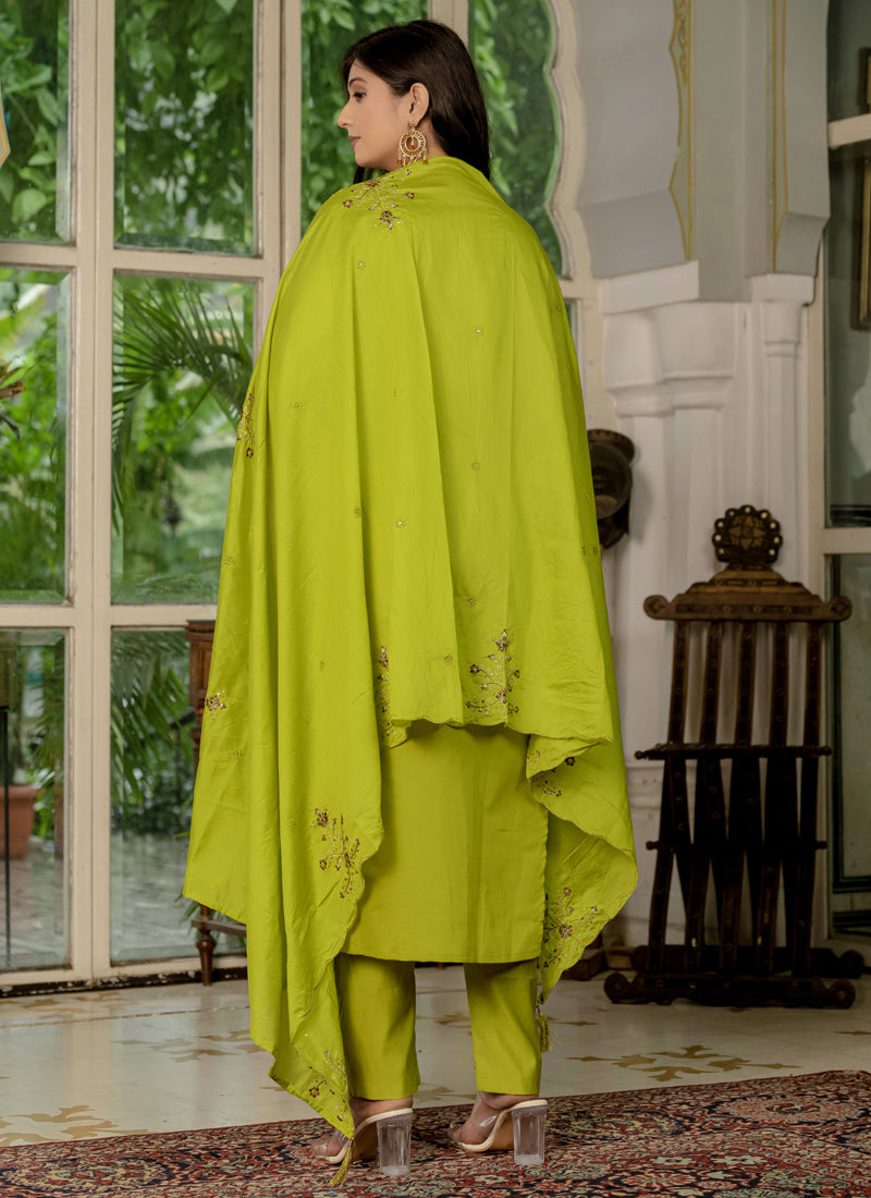Prazu Fashion Parrot Green Marina Silk Thread Embroidered Designer Kurta Set - Distacart