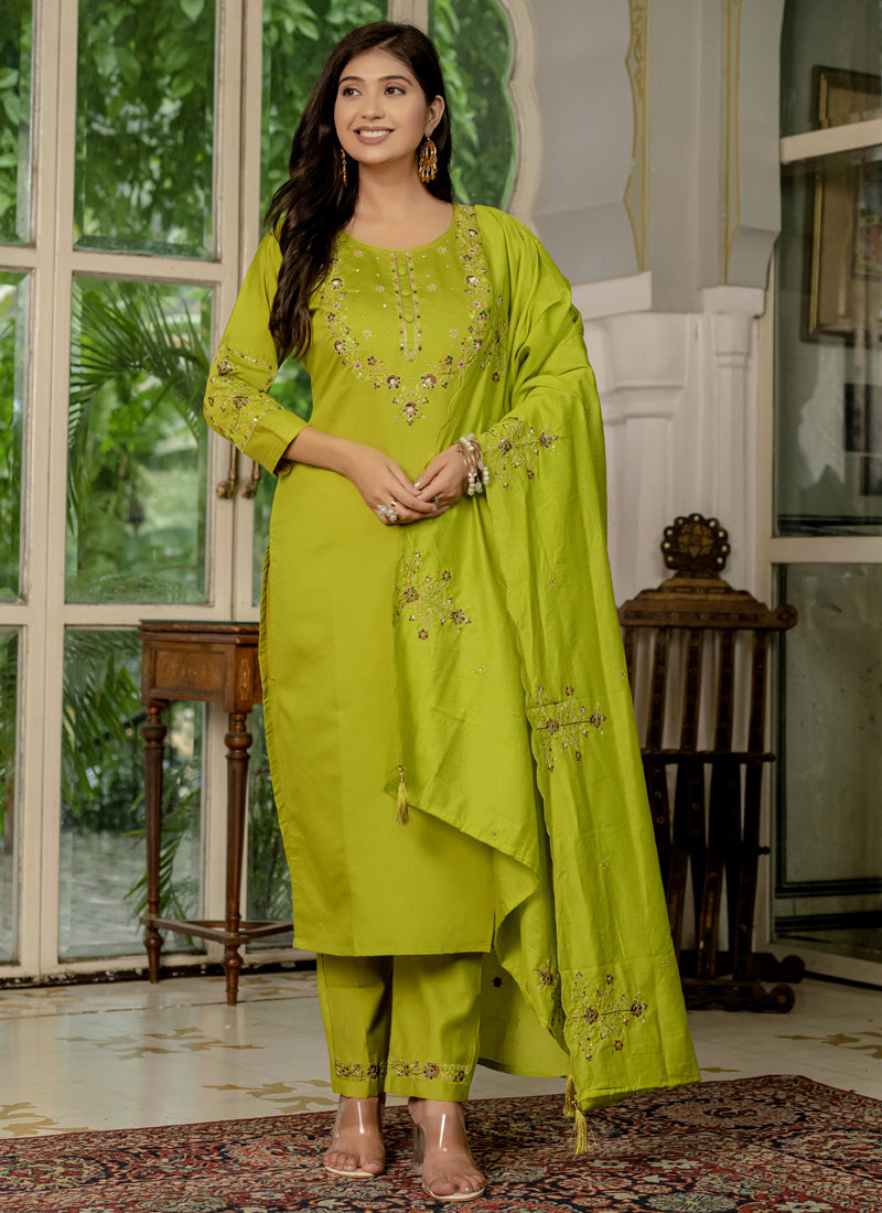 Prazu Fashion Parrot Green Marina Silk Thread Embroidered Designer Kurta Set - Distacart