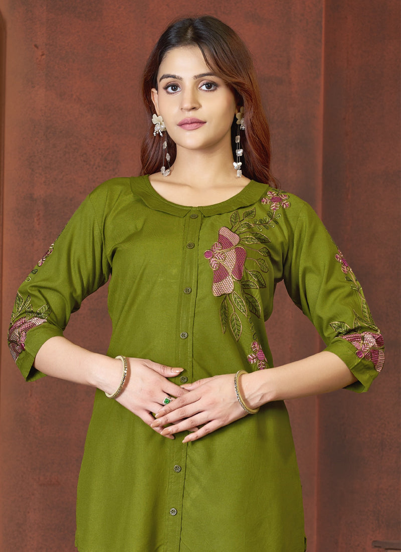 Prazu Fashion Mahendi Rayon Multi Embroidery Thread Work Co-Ords Set - Distacart