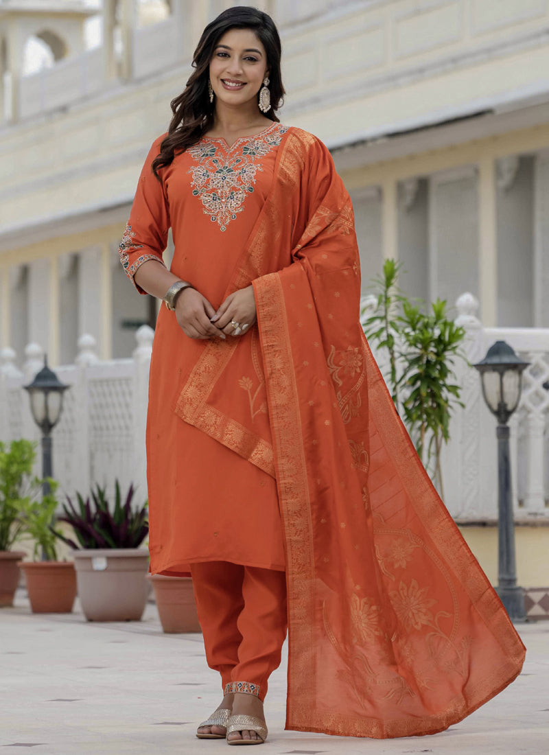 Prazu Fashion Orange Roman Silk Embroidered Sequence Designer Kurta Set - Distacart