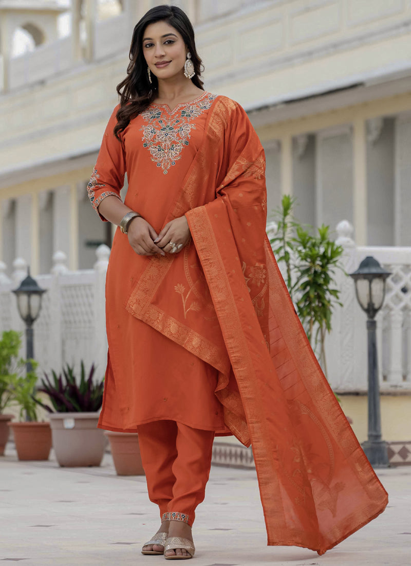 Prazu Fashion Orange Roman Silk Embroidered Sequence Designer Kurta Set - Distacart