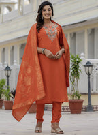 Prazu Fashion Orange Roman Silk Embroidered Sequence Designer Kurta Set - Distacart
