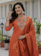 Prazu Fashion Orange Roman Silk Embroidered Sequence Designer Kurta Set - Distacart