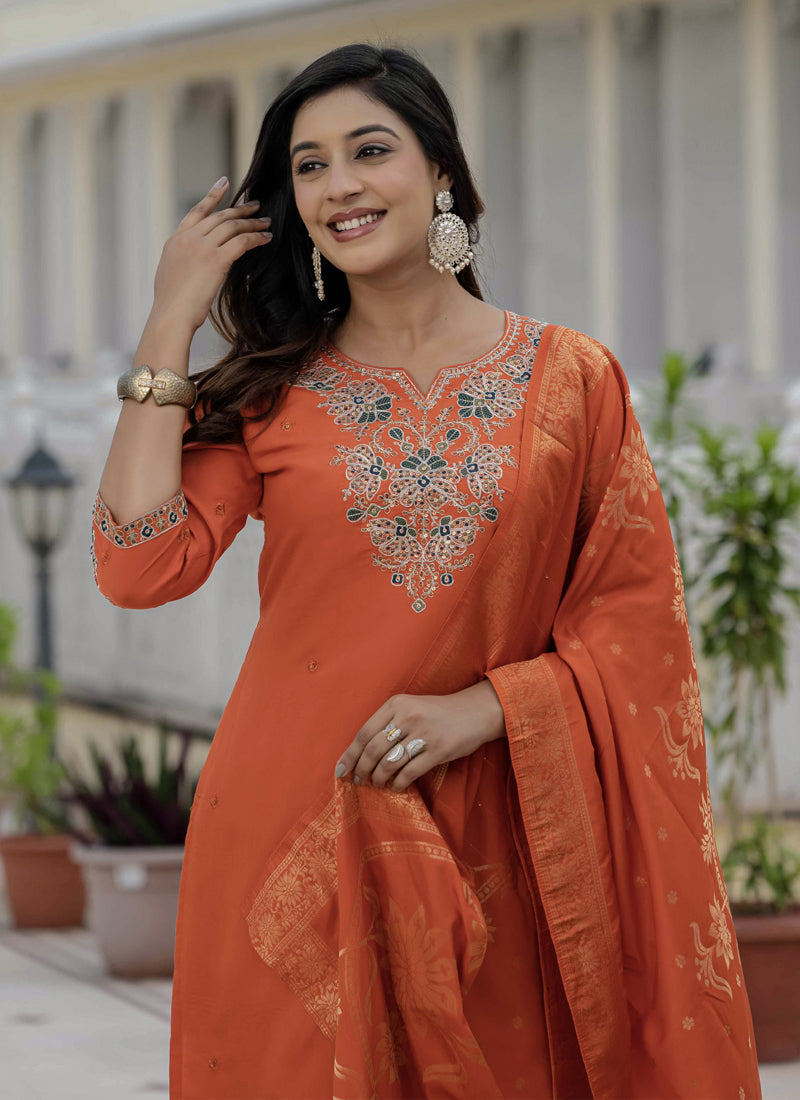 Prazu Fashion Orange Roman Silk Embroidered Sequence Designer Kurta Set - Distacart