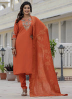 Prazu Fashion Orange Roman Silk Embroidered Sequence Designer Kurta Set - Distacart
