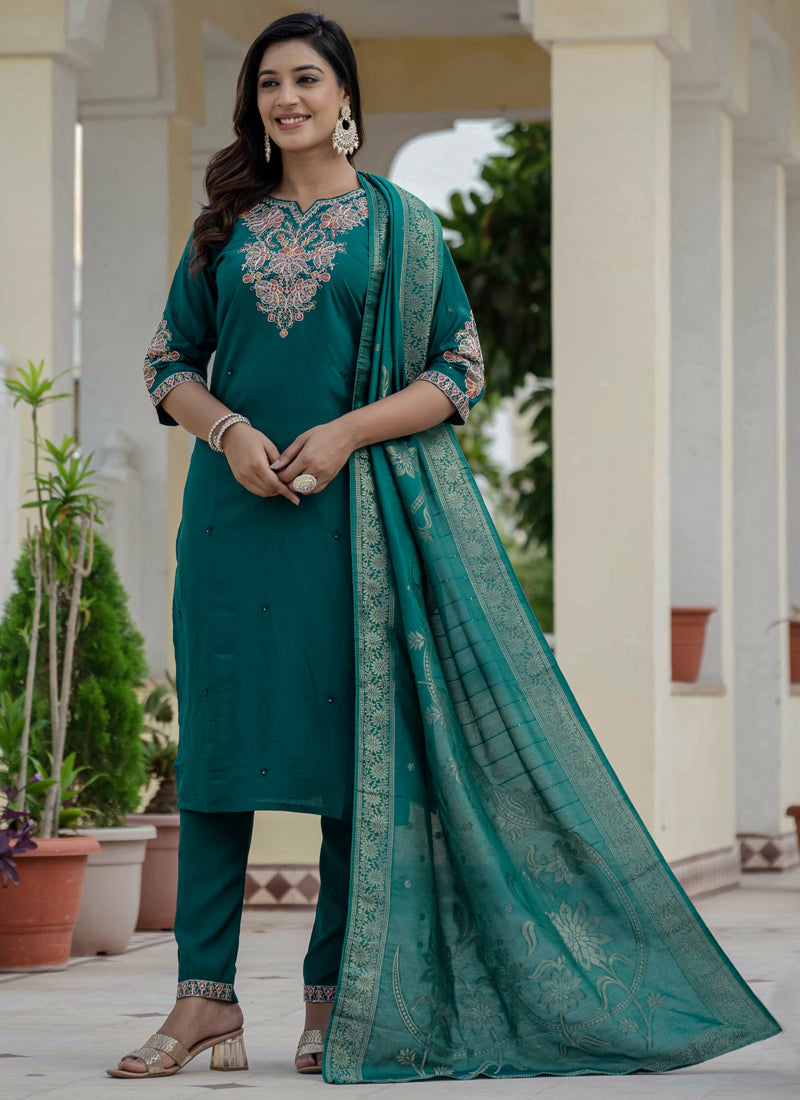 Prazu Fashion Rama Green Roman Silk Embroidered Sequence Designer Kurta Set - Distacart