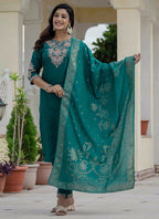 Prazu Fashion Rama Green Roman Silk Embroidered Sequence Designer Kurta Set - Distacart