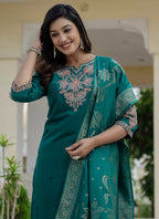 Prazu Fashion Rama Green Roman Silk Embroidered Sequence Designer Kurta Set - Distacart