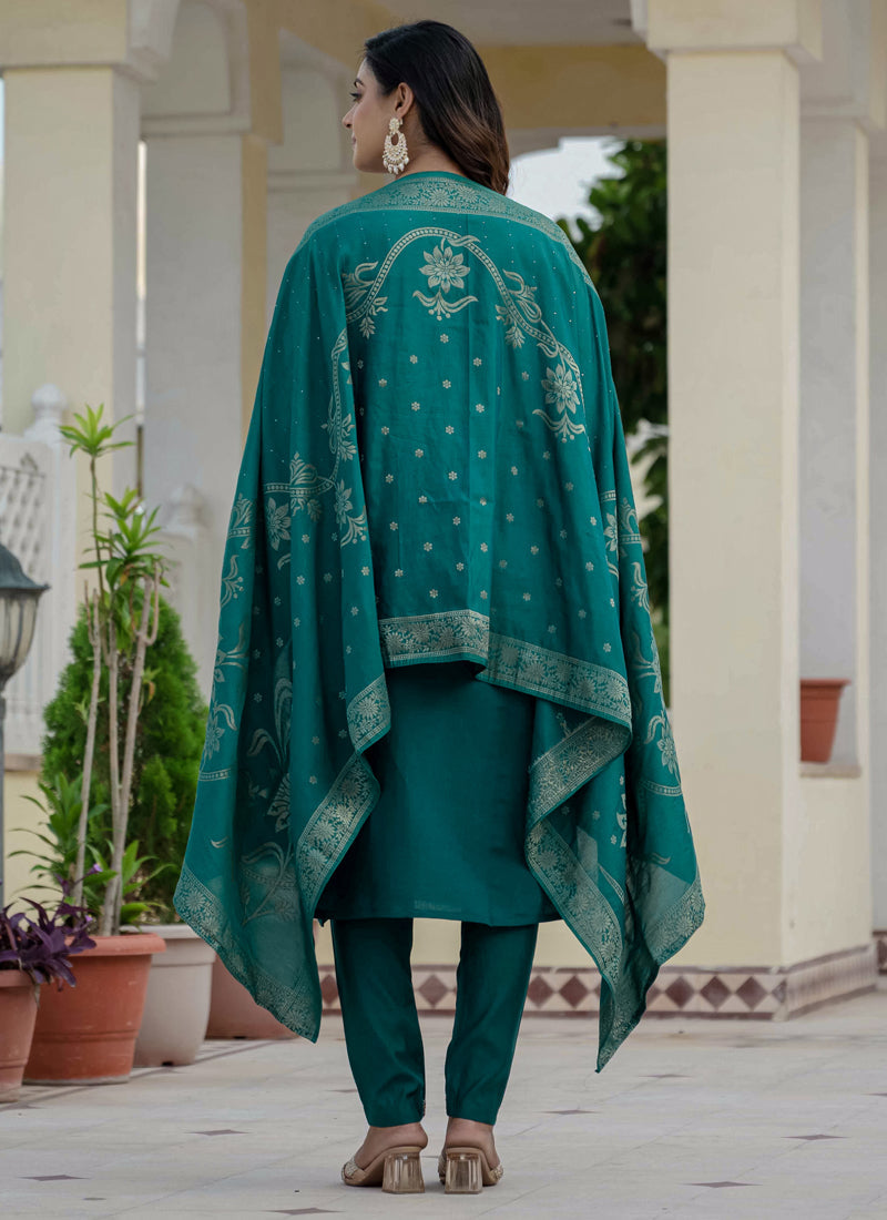 Prazu Fashion Rama Green Roman Silk Embroidered Sequence Designer Kurta Set - Distacart