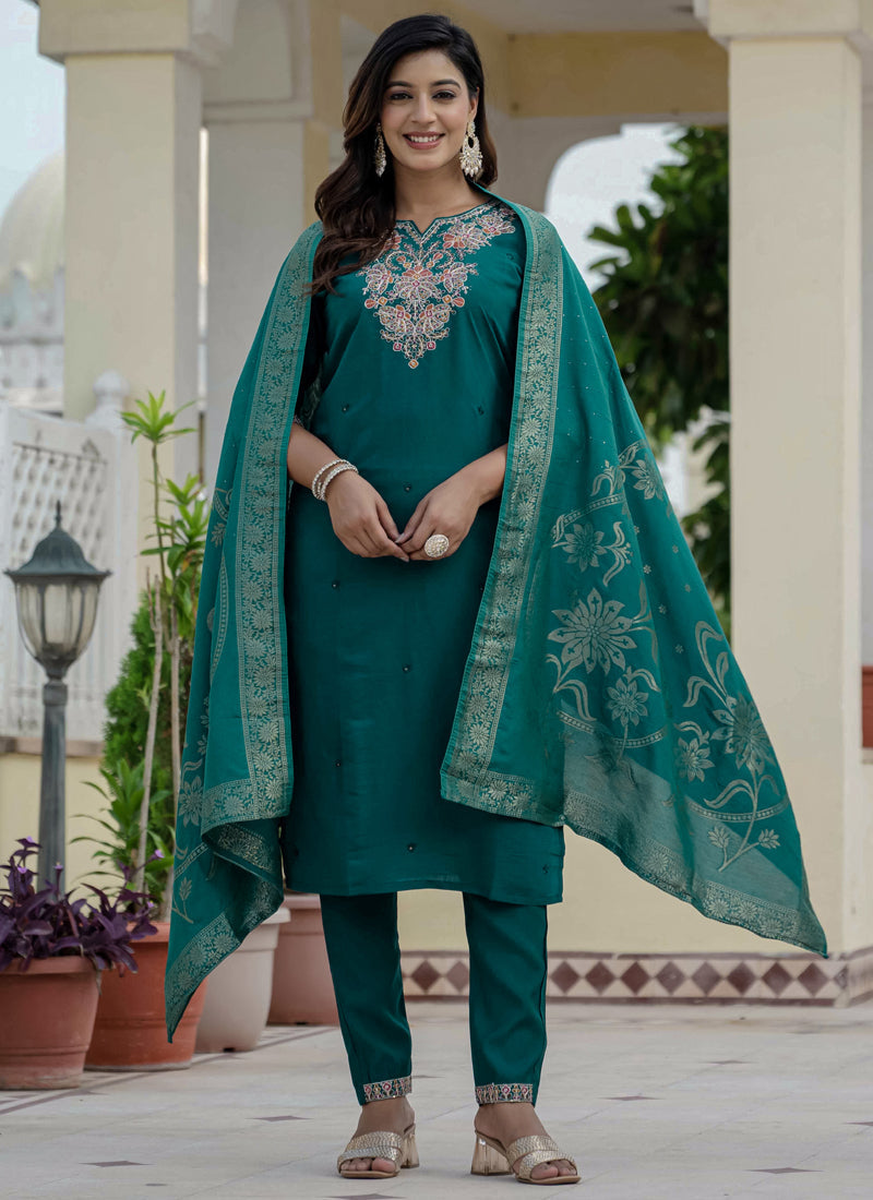 Prazu Fashion Rama Green Roman Silk Embroidered Sequence Designer Kurta Set - Distacart