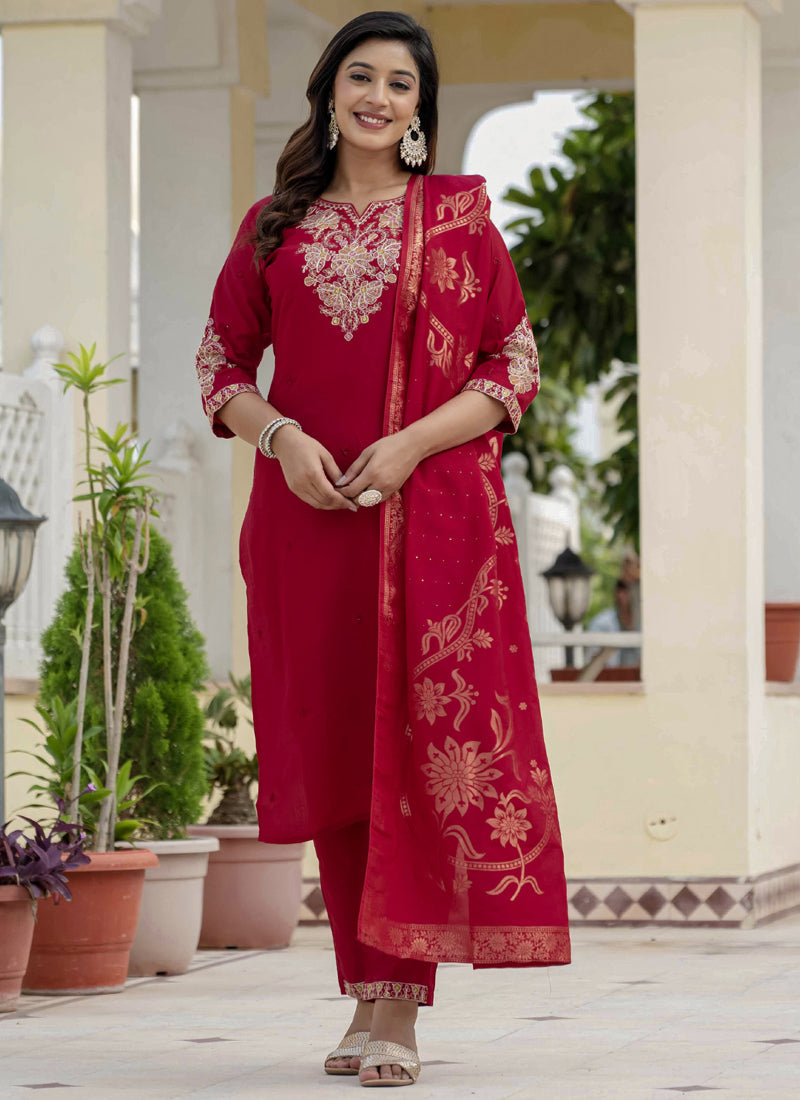 Prazu Fashion Red Roman Silk Embroidered Sequence Designer Kurta Set - Distacart
