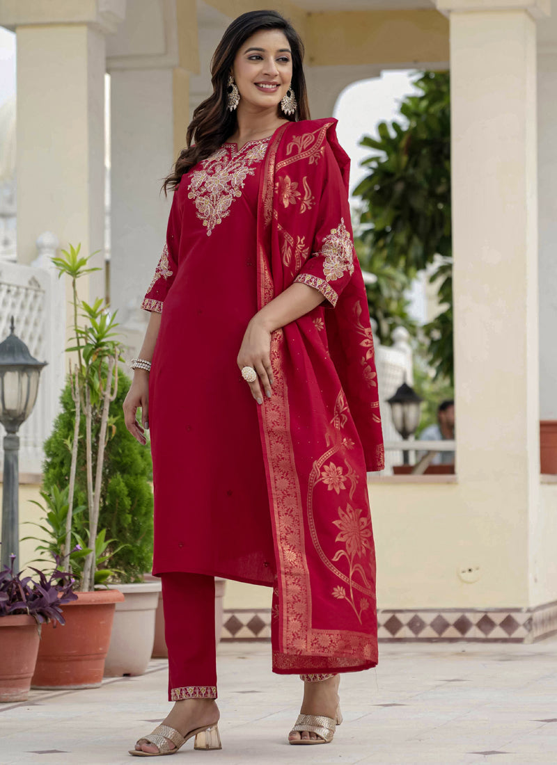Prazu Fashion Red Roman Silk Embroidered Sequence Designer Kurta Set - Distacart