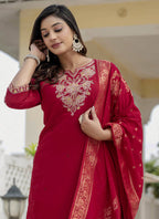 Prazu Fashion Red Roman Silk Embroidered Sequence Designer Kurta Set - Distacart