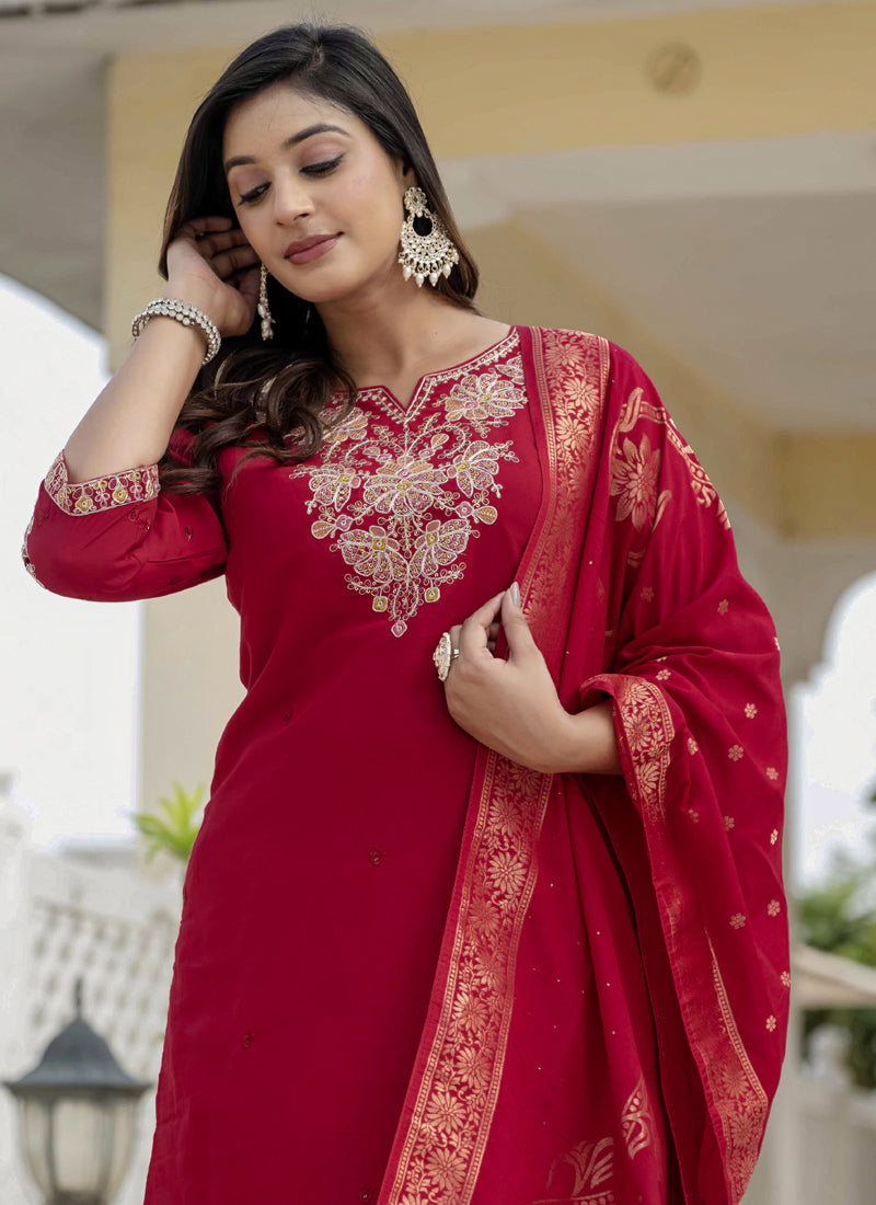 Prazu Fashion Red Roman Silk Embroidered Sequence Designer Kurta Set - Distacart