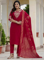 Prazu Fashion Red Roman Silk Embroidered Sequence Designer Kurta Set - Distacart