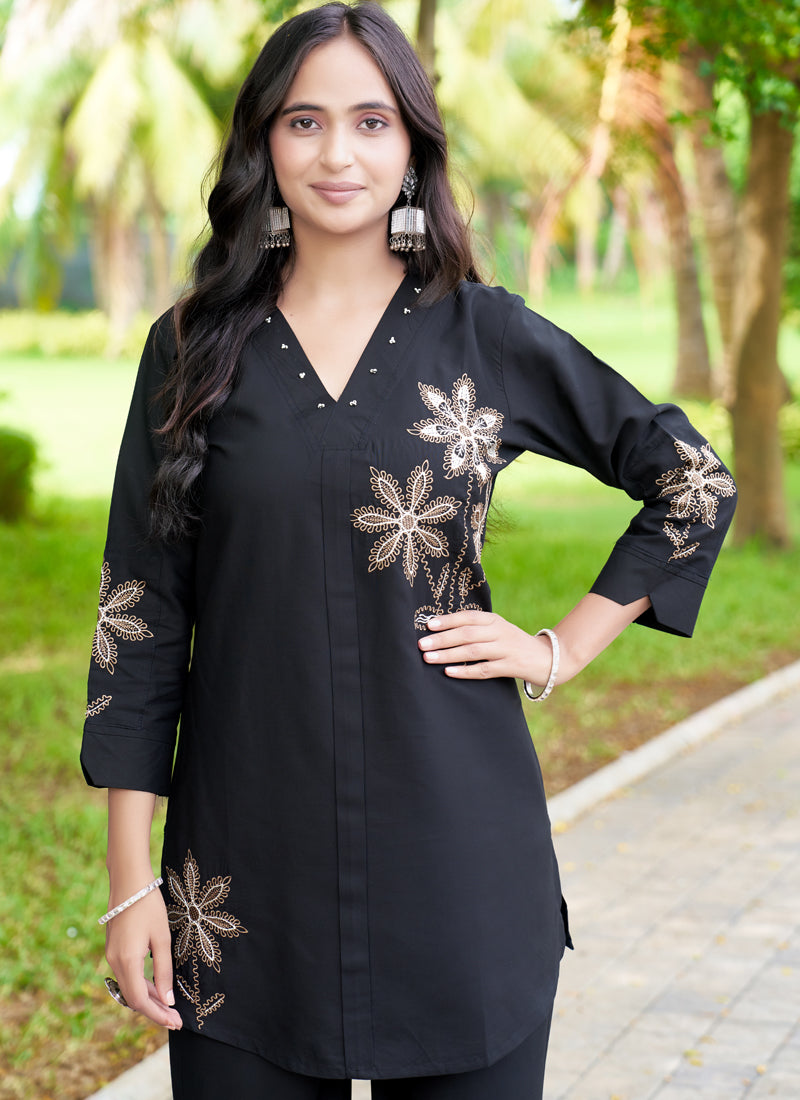 Prazu Fashion Black Rayon Multi Embroidery Thread Work Co-Ords Set - Distacart