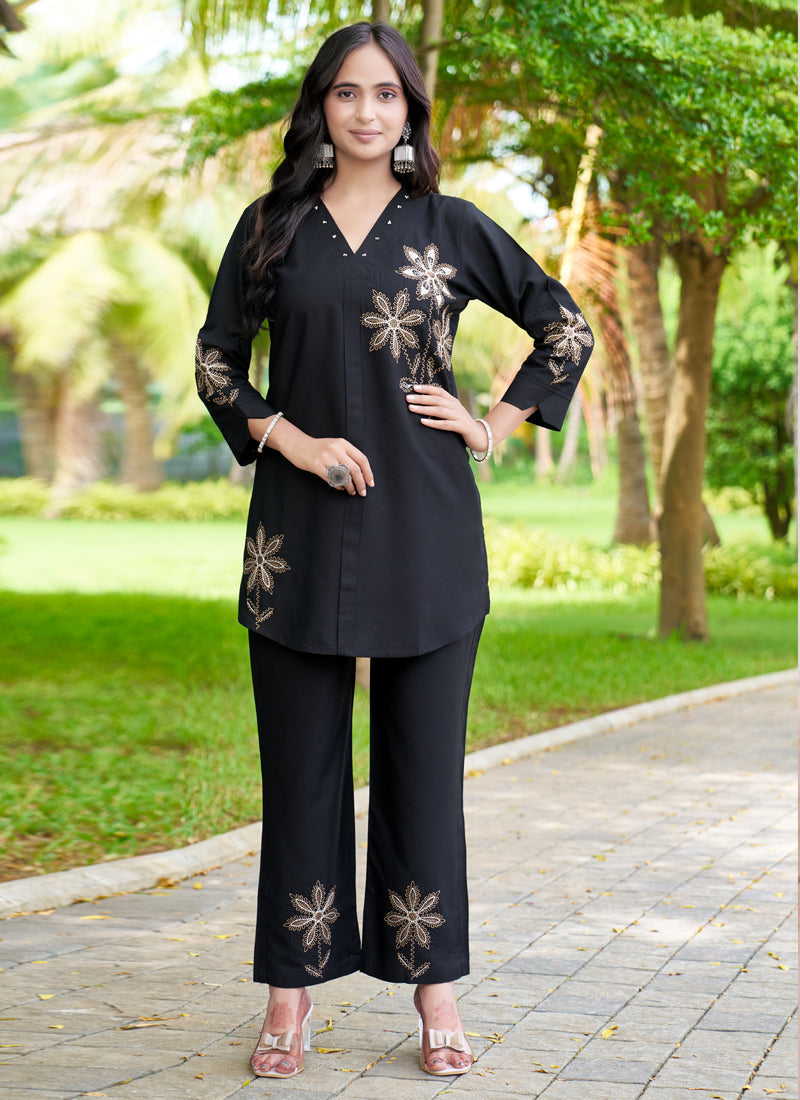 Prazu Fashion Black Rayon Multi Embroidery Thread Work Co-Ords Set - Distacart
