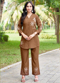 Prazu Fashion Brown Pink Rayon Multi Embroidery Thread Work Co-Ords Set - Distacart