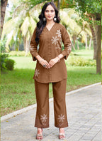 Prazu Fashion Brown Pink Rayon Multi Embroidery Thread Work Co-Ords Set - Distacart