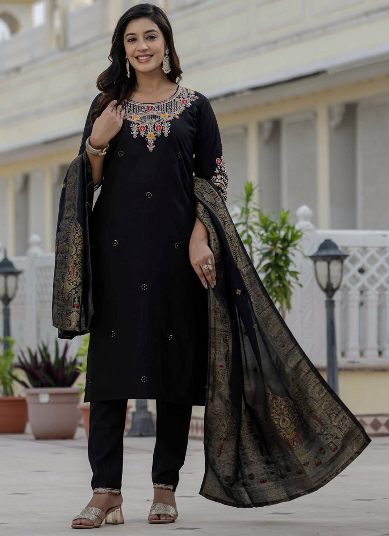 Prazu Fashion Black Roman Silk Embroidered Sequence Designer Kurta Set - Distacart
