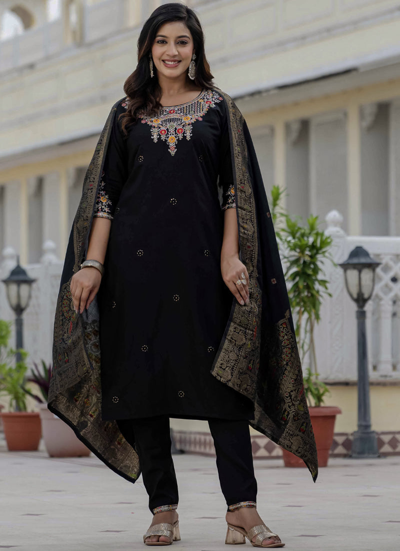 Prazu Fashion Black Roman Silk Embroidered Sequence Designer Kurta Set - Distacart