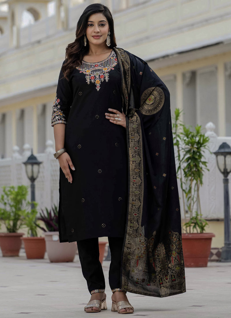Prazu Fashion Black Roman Silk Embroidered Sequence Designer Kurta Set - Distacart