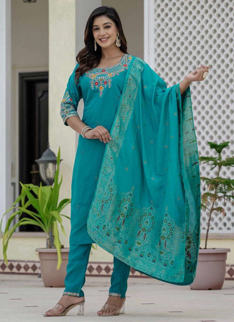 Prazu Fashion Firozi Roman Silk Embroidered Sequence Designer Kurta Set - Distacart