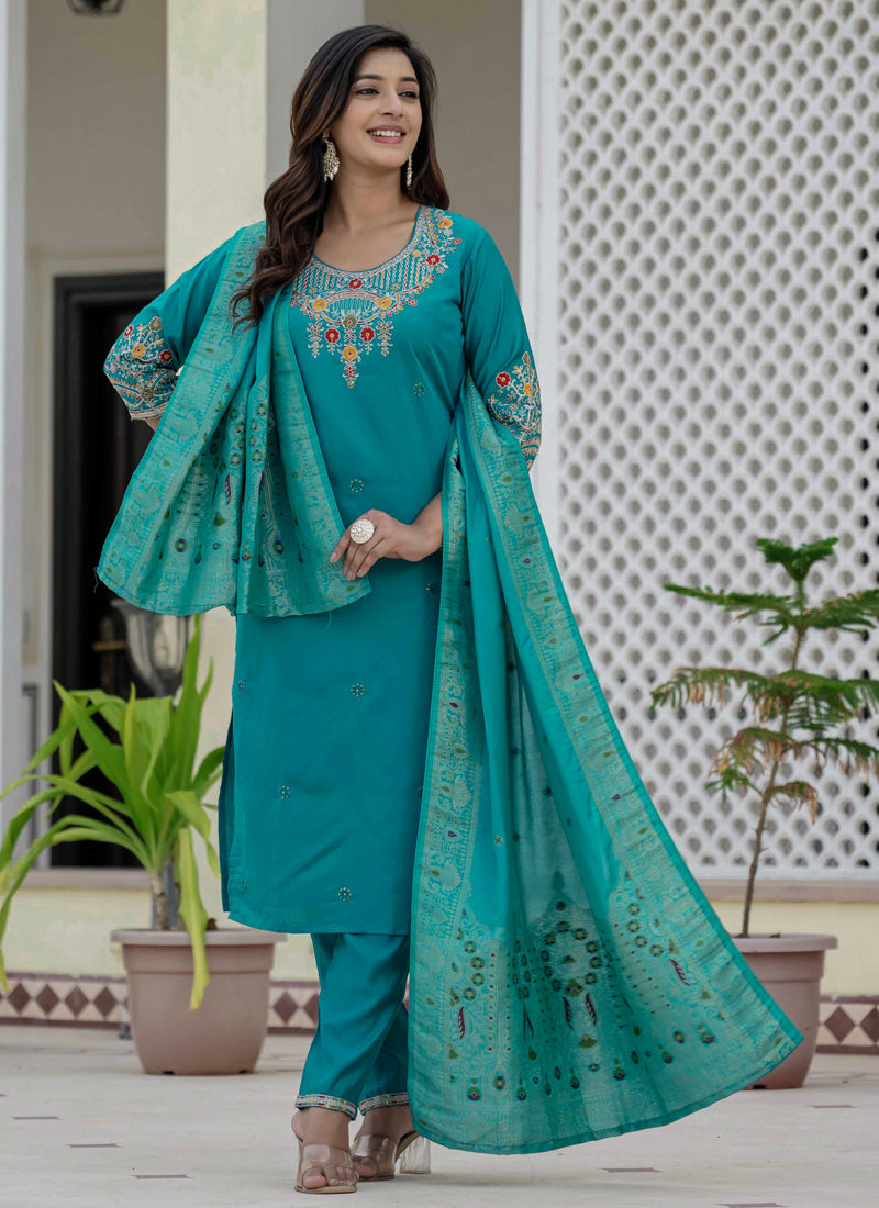 Prazu Fashion Firozi Roman Silk Embroidered Sequence Designer Kurta Set - Distacart