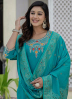 Prazu Fashion Firozi Roman Silk Embroidered Sequence Designer Kurta Set - Distacart