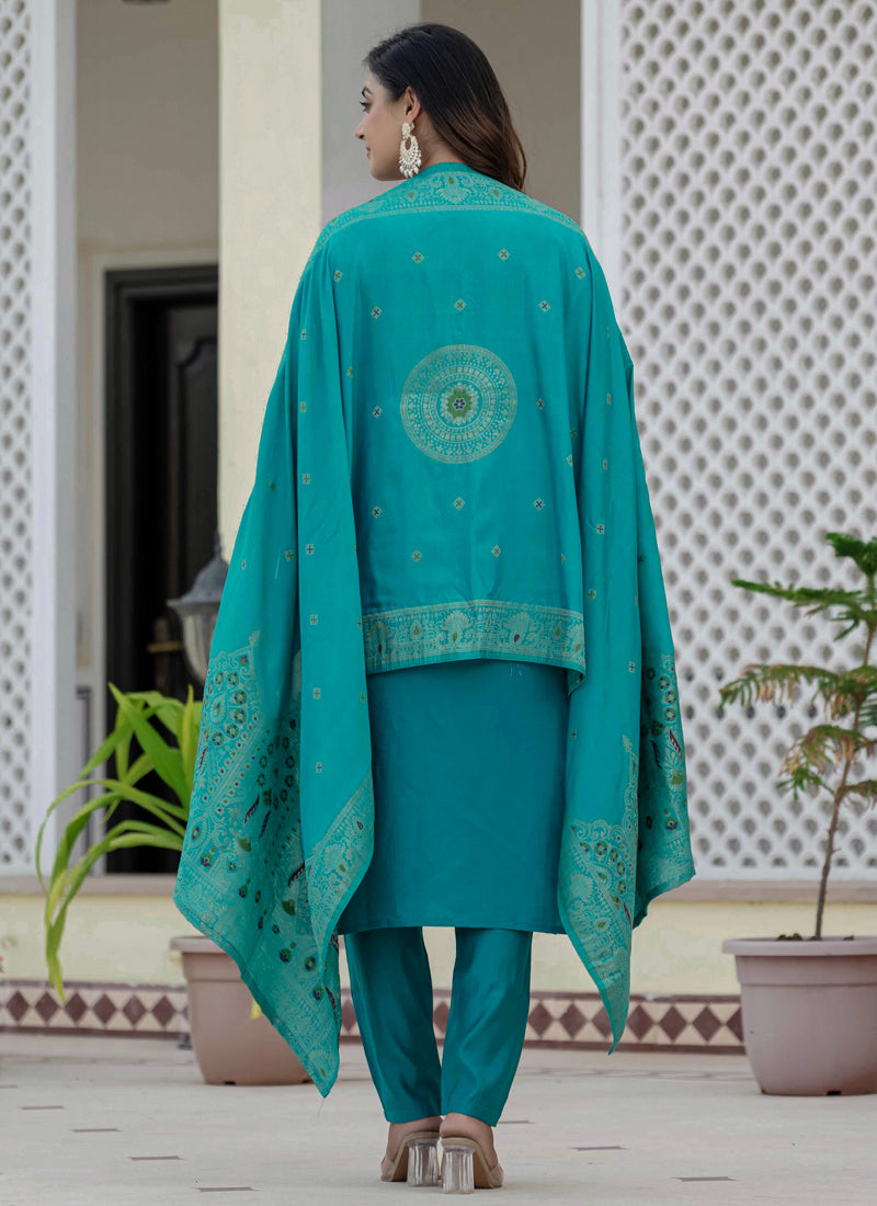 Prazu Fashion Firozi Roman Silk Embroidered Sequence Designer Kurta Set - Distacart
