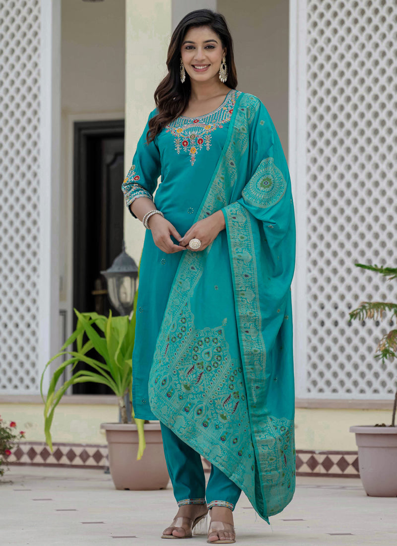 Prazu Fashion Firozi Roman Silk Embroidered Sequence Designer Kurta Set - Distacart