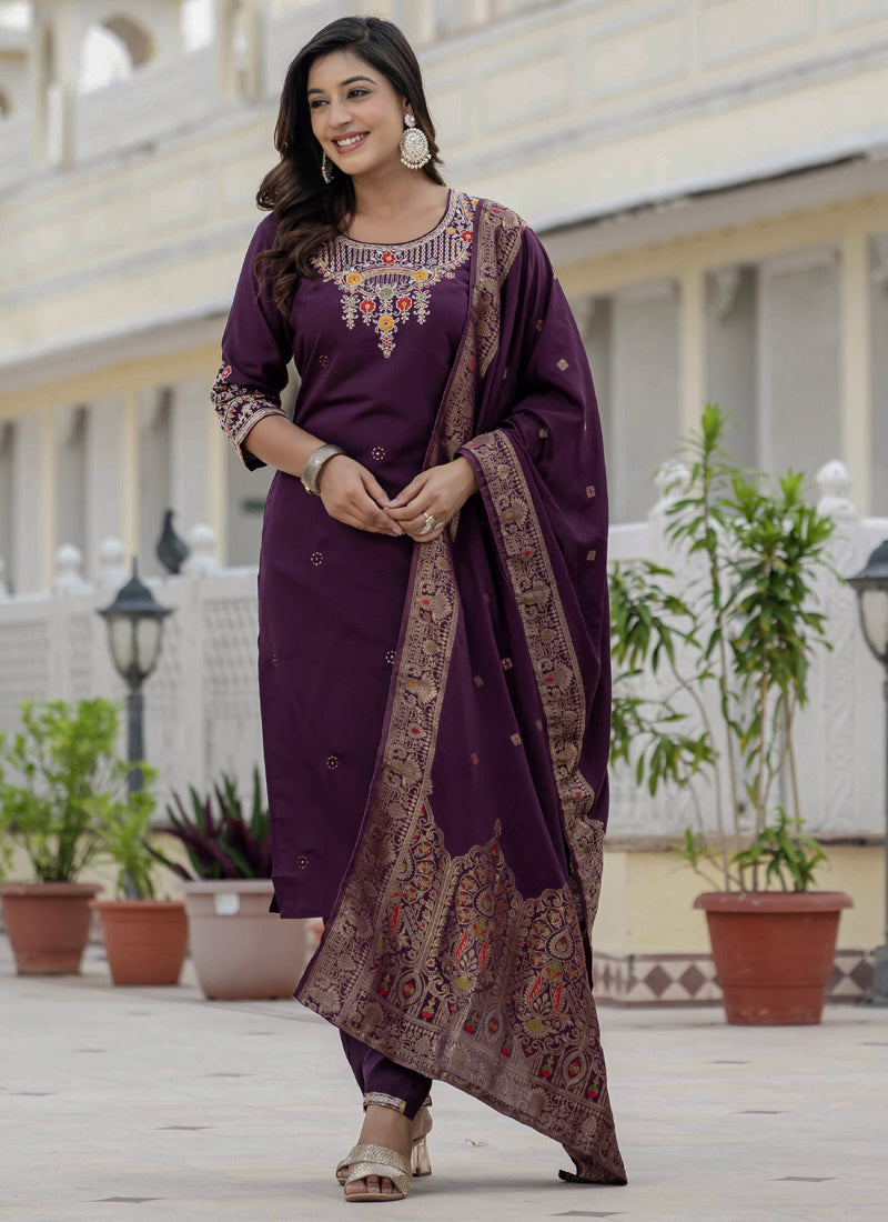 Prazu Fashion Wine Roman Silk Embroidered Sequence Designer Kurta Set - Distacart