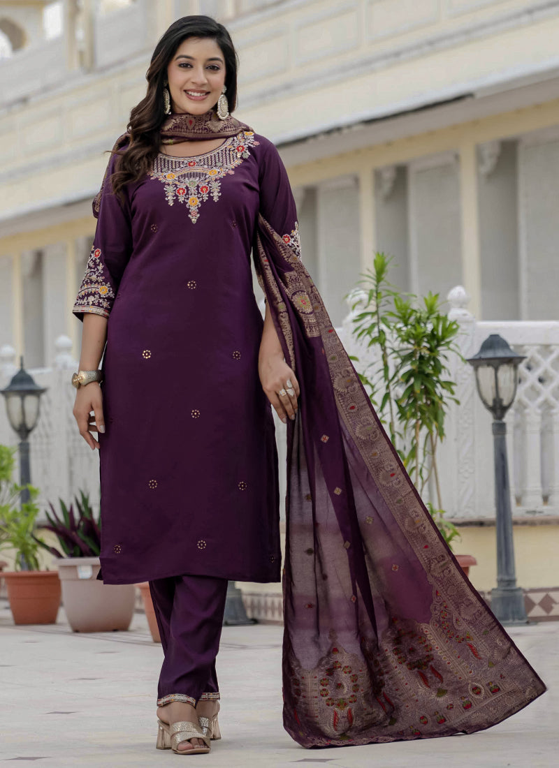 Prazu Fashion Wine Roman Silk Embroidered Sequence Designer Kurta Set - Distacart
